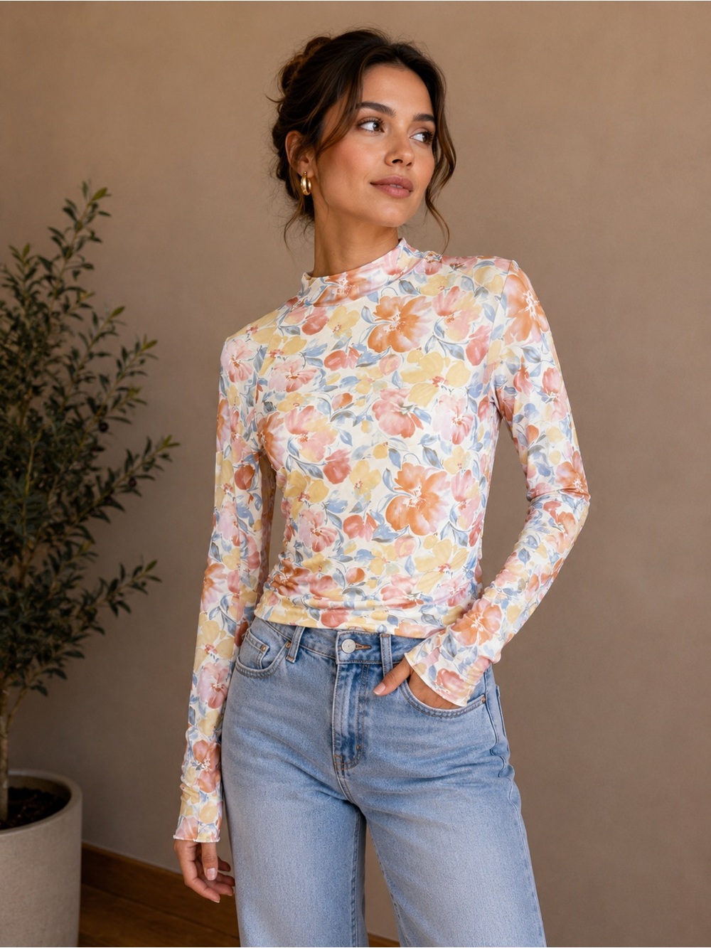 548. Floral Mock Neck Long Sleeve Top - Pastel Multi NWOT